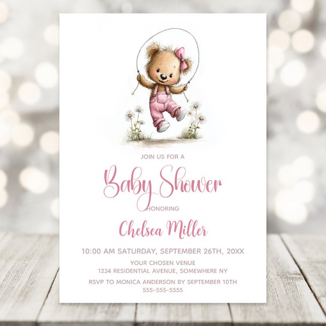 Cute Girl Teddy Bear Playing Jump Rope Baby Shower Invitation (Creator Uploaded)