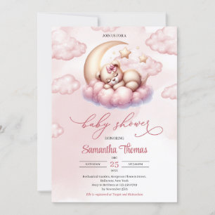 Cute girl teddy bear sleeping over the moon invitation