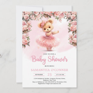 Cute girl teddy bear tutu ballerina blush roses invitation