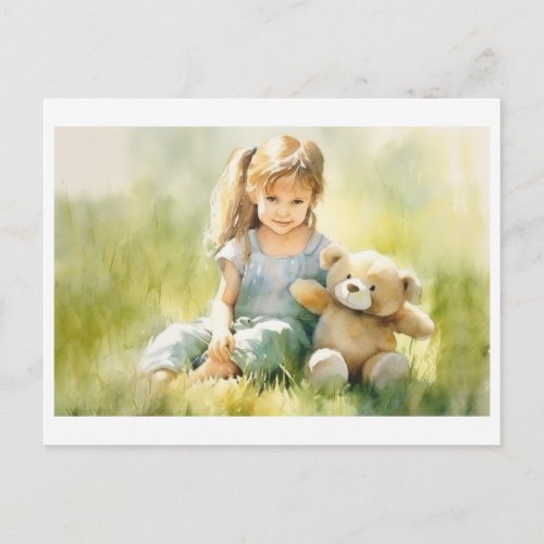 Cute Girl Teddy Bear Watercolor Illustration Postcard
