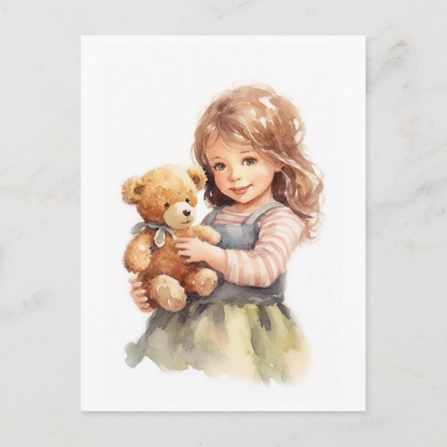 Cute Girl Teddy Bear Watercolor Illustration Postcard (Front)