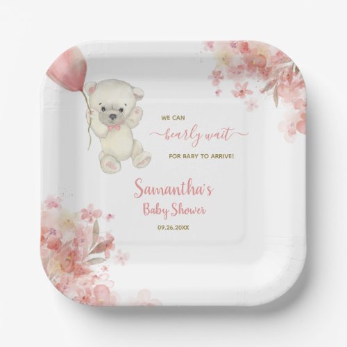 Cute Girl Teddy Bear Watercolor Pink Baby Shower Paper Plates