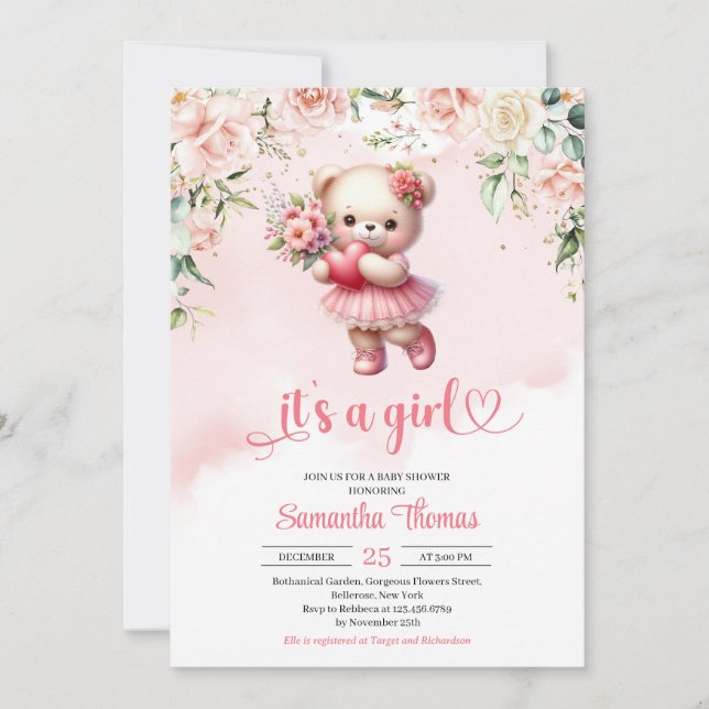 Cute girl teddy bear with heart and flowers  invitation (Front)