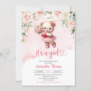 Cute girl teddy bear with heart and flowers invitation