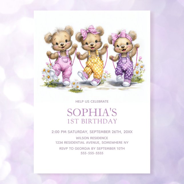 Cute Girl Teddy Bears Jump Rope 1st Birthday Party Invitation (Creator Uploaded)