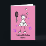 Cute Girl Tennis Player Pink Birthday Card<br><div class="desc">Cute cartoon of a stick girl smiling and playing tennis. She is surrounded by star shaped flowers. Card has a bright pink background but it's easy to edit this to a different color or a nice minimal white. I also have a version with a pretty yellow background in my store....</div>