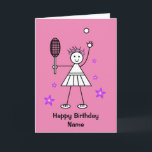 Cute Girl Tennis Player Pink Birthday Card<br><div class="desc">Cute cartoon of a stick girl smiling and playing tennis. She is surrounded by star shaped flowers. Card has a bright pink background but it's easy to edit this to a different color or a nice minimal white. I also have a version with a pretty yellow background in my store....</div>