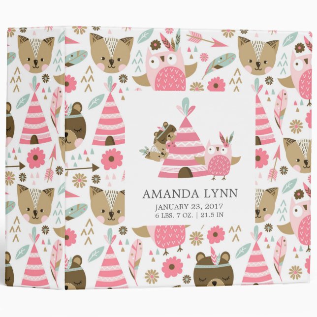 Cute Girl Tribal Woodland Animals Baby Photo Album 3 Ring Binder (Front/Spine)