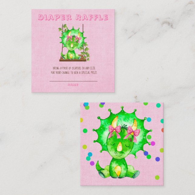 Cute Girl Triceratops Diaper Raffle Baby Shower  Square Business Card (Front/Back)