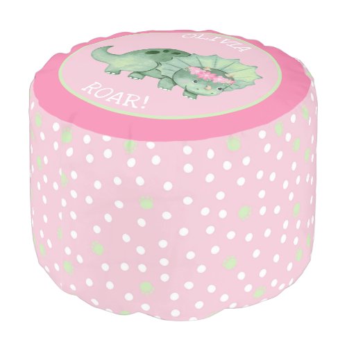 Cute Girl Triceratops Dinosaur Pink Polka Dot Pouf