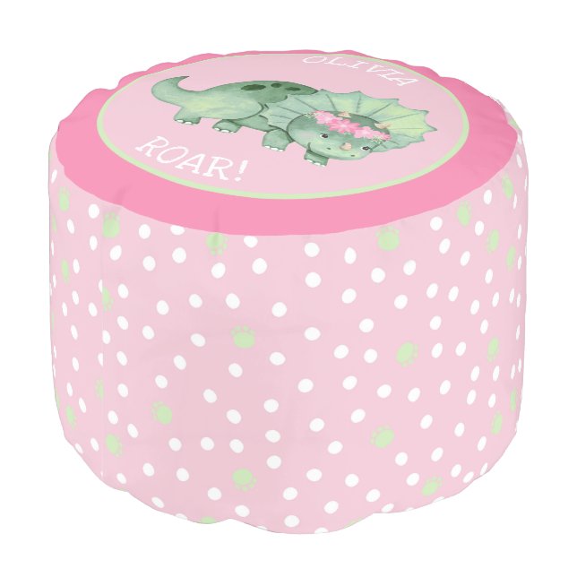 Cute Girl Triceratops Dinosaur Pink Polka Dot Pouf (Angled Back)