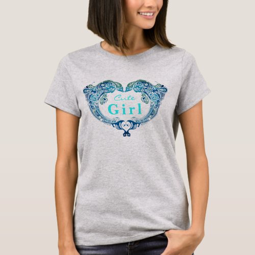 Cute Girl Turquoise Dolphins Heart T_Shirt
