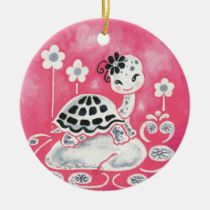 Cute Girl Turtle With Flowers And Swirls Ceramic Ornament
