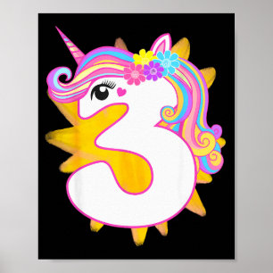 Cute Girl Unicorn 3rd Birthday Party Three Years O Poster