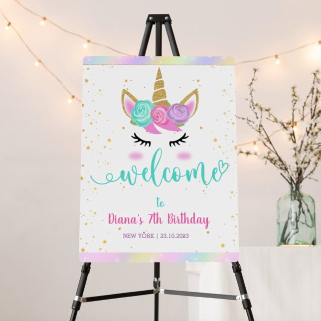 Cute Girl Unicorn Birthday Party Welcome Foam Board (Creator Uploaded)