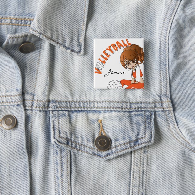 Cute Girl Volleyball Player in Orange Pinback Button (In Situ)