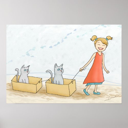 Cute Girl Walking Cats Graphic Poster