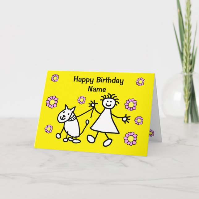 Cute Girl Walking Dog Birthday Card (Front)