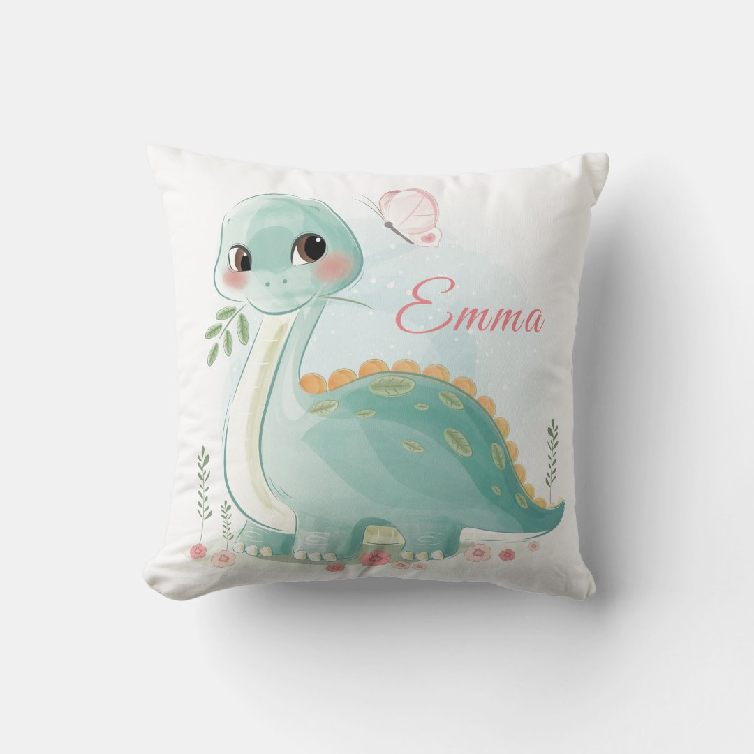 Cute Girl Watercolor Baby Dinosaur Throw Pillow Zazzle