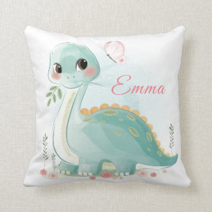 Cute Girl Watercolor Baby Dinosaur Throw Pillow