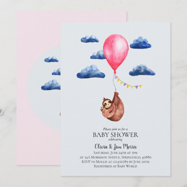 Cute Girl Watercolor Sloth and Name Baby Shower Invitation (Front/Back)