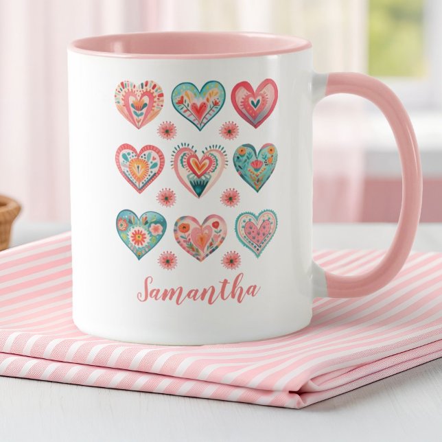 Cute Girl Watercolor Valentine Hearts Mug (Cute painted watercolor hearts decorate this mug. Personalize it for a fun Valentines Day Gift.)
