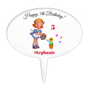 Cute Girl Watering Sunflower Birthday Cake Topper