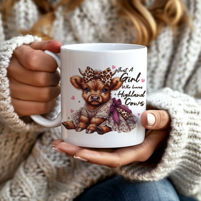 Cute Girl Who Loves Highland Cows Bow Coffee Mug (Cute highland cow mug)