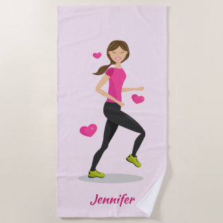 Cute Girl Who Loves To Run Illustration &amp; Name Beach Towel
