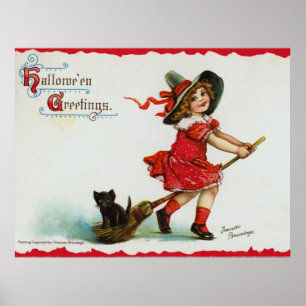 Cute Girl Witch On Broom Vintage Halloween Poster