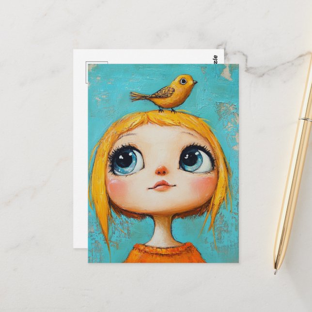 Cute Girl with a bird on her head Postcard (Front/Back In Situ)