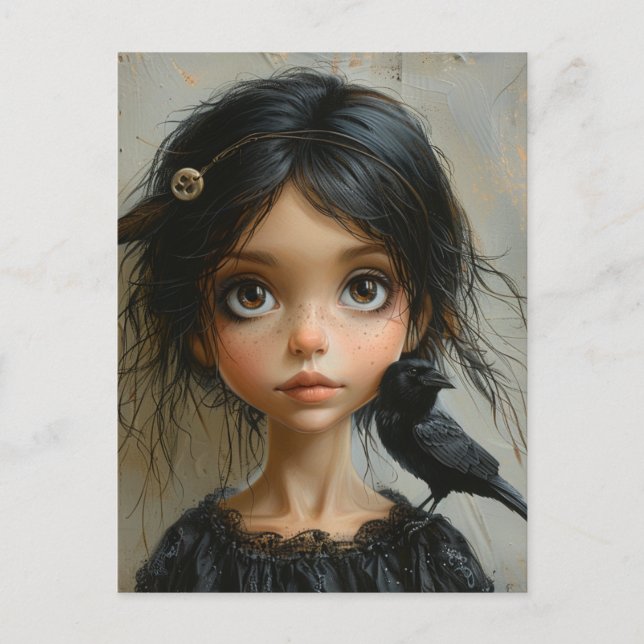 Cute Girl with a Black Bird Postcard (Front)