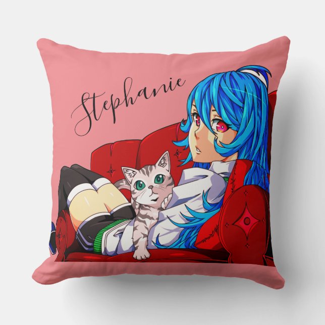 Cute Girl With A Cat Personalized  Throw Pillow (Front)