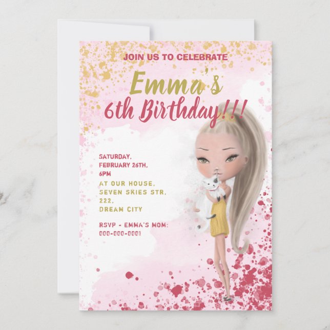 Cute girl with a cat watercolor kid's invitation (Front)