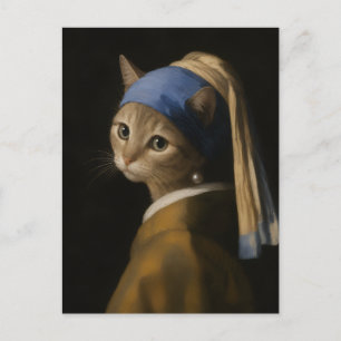 Cute Girl With a Pearl Earring Cat Art Postcard