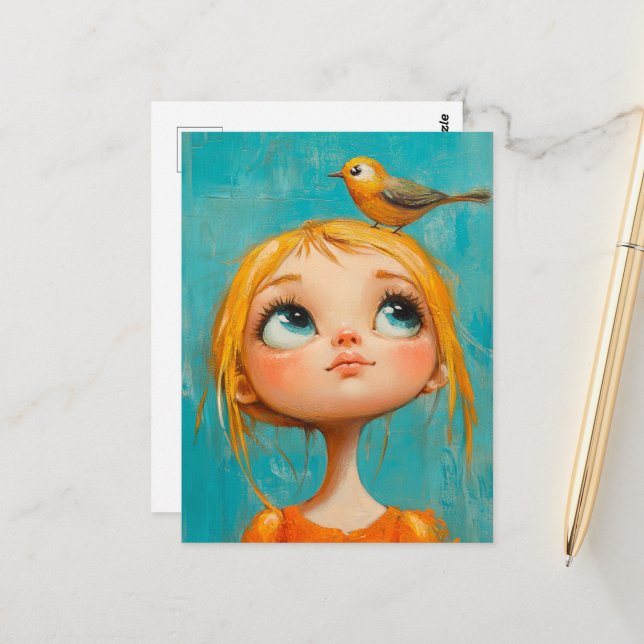 Cute Girl with a yellow bird on her head Postcard (Front/Back In Situ)