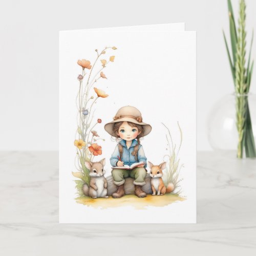 Cute Girl with Animal Friends Flowers Books Blank Card