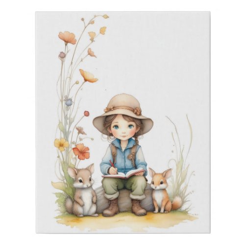 Cute Girl with Animal Friends Flowers Books Faux Canvas Print