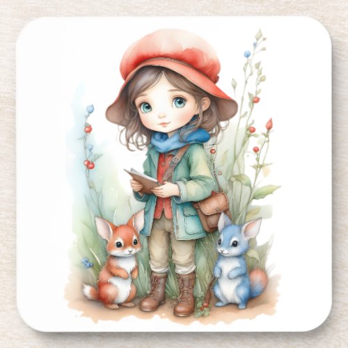 Cute Girl with Animal Friends in Woods Beverage Coaster