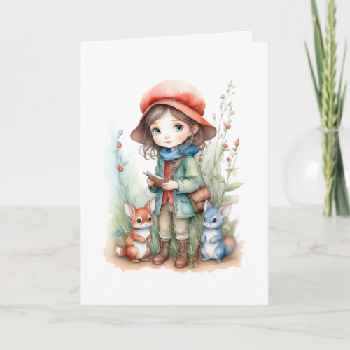 Cute Girl with Animal Friends in Woods Blank  Card