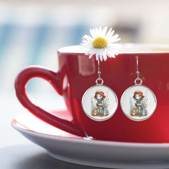 Cute Girl with Animal Friends in Woods Earrings (Creator Uploaded)