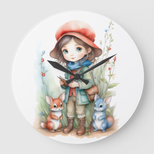 Cute Girl with Animal Friends in Woods Large Clock