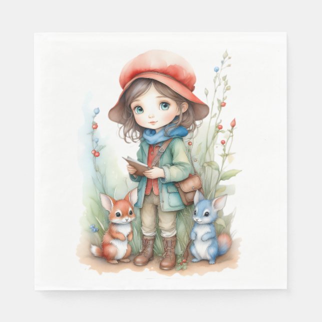 Cute Girl with Animal Friends in Woods Napkins (Front)