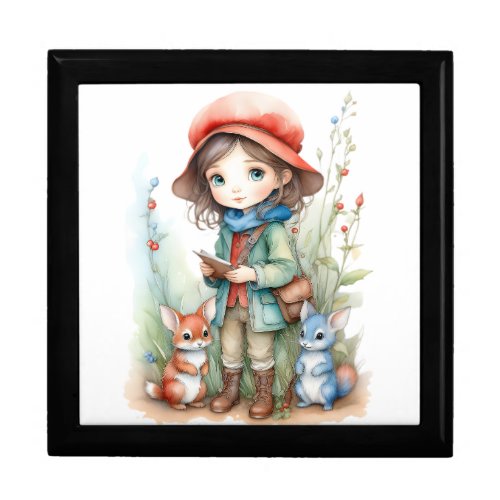 Cute Girl with Animal Friends Wooden Jewelry Box 