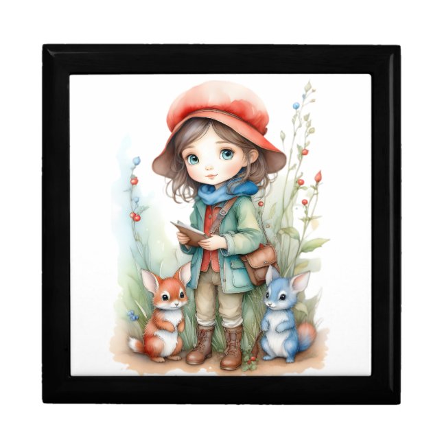 Cute Girl with Animal Friends Wooden Jewelry Box  (Front)