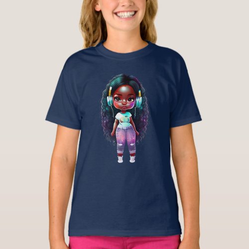 Cute girl with big hair and big headphones  T_Shirt