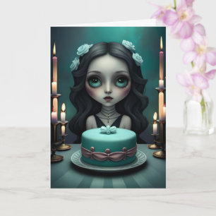 Cute girl with birthday cake, birthday card 