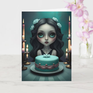 Cute girl with birthday cake, birthday card