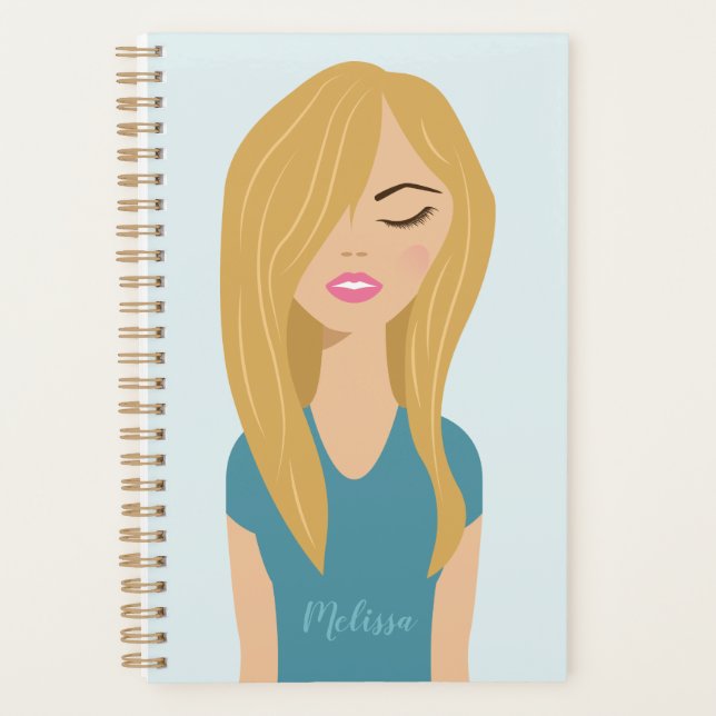 Cute Girl With Blonde Long Hair Illustration Blue Planner (Front)