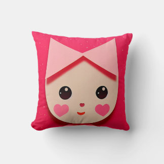 Cute Girl with Bow with Cute Hearts Face Throw Pillow